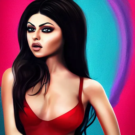 Prompt: portait of haifa wehbe, concept art, perfect lips, lollipop mouth, long hair centred, hd, very detailed curve, digital painting, unreal engine, amazing blue background theme