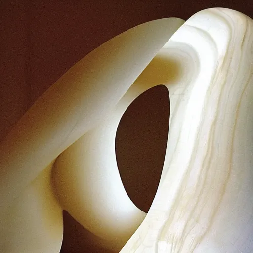 Prompt: A installation art. A rip in spacetime. Did this device in her hand open a portal to another dimension or reality?! alabaster, chestnut by Frank Gehry curvaceous