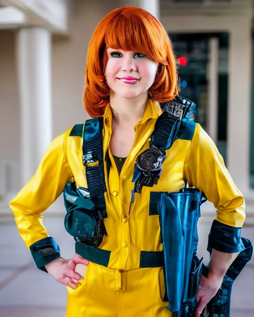 Image similar to Beautiful close highly detailed portrait of an April O'neil from TMNT cosplayer in her iconic signature main 1987 Yellow news reporter jumpsuit outfit. Award-winning photography. XF IQ4, 150MP, 50mm, f/1.4, ISO 200, 1/160s, natural light, rule of thirds, symmetrical balance, depth layering, polarizing filter, Sense of Depth, AI enhanced