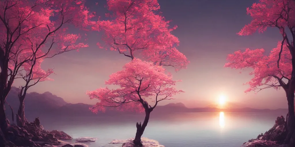 Image similar to vanishing point a single sakura tree upon a lake, viewed from afar, stephen bliss, mist, unreal engine, fantasy art by greg rutkowski, loish, rhads, ferdinand knab, makoto shinkai and lois van baarle, ilya kuvshinov, rossdraws, tom bagshaw, global illumination, radiant light, minimalist, detailed and intricate environment