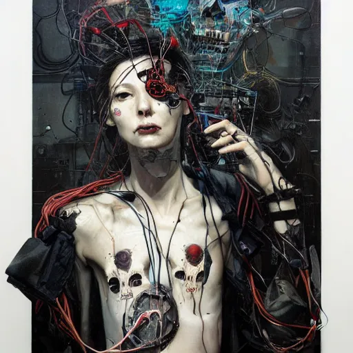 Image similar to in a dark room, a male cyberpunk hacker, skulls, wires cybernetic implants, machine noir steelpunk grimcore, in the style of adrian ghenie esao andrews jenny saville surrealism dark art by james jean takato yamamoto and by ashley wood