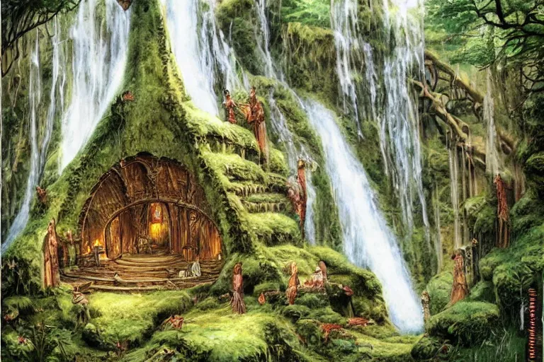 Prompt: an elven waterfall building by j. r. r. tolkien