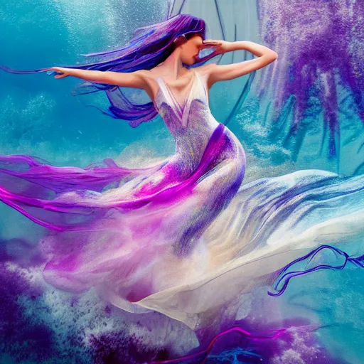 Prompt: masterpiece artwork of beautiful geni morrow woman dancing underwater wearing a flowing dress made of blue, magenta, and yellow seaweed, delicate coral sea bottom, swirling silver fish, swirling smoke shapes, octane render, caustics lighting from above, cinematic, hyperdetailed