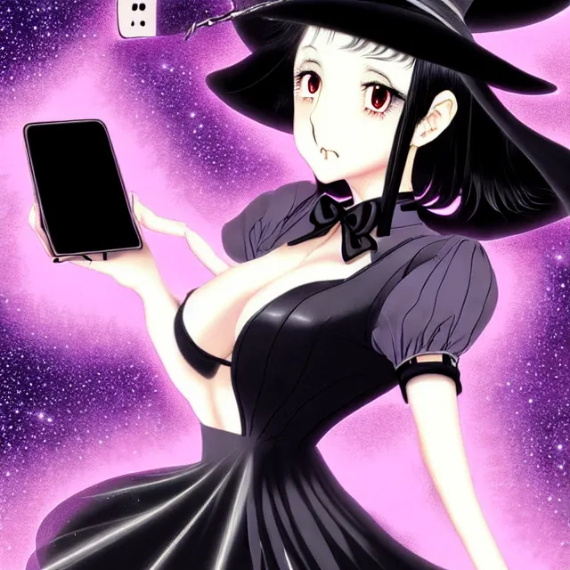 Prompt: epic professional digital art Manga Key visual of a stunningly attractive witch with straight black hair in a sparkly silver dress looking at her iphone, office background, by Gil Elvgren and Dorian Cleavanger, best on artstation, cgsociety, wlop, Behance, pixiv, cosmic, epic, stunning, gorgeous, much detail, much wow, masterpiece