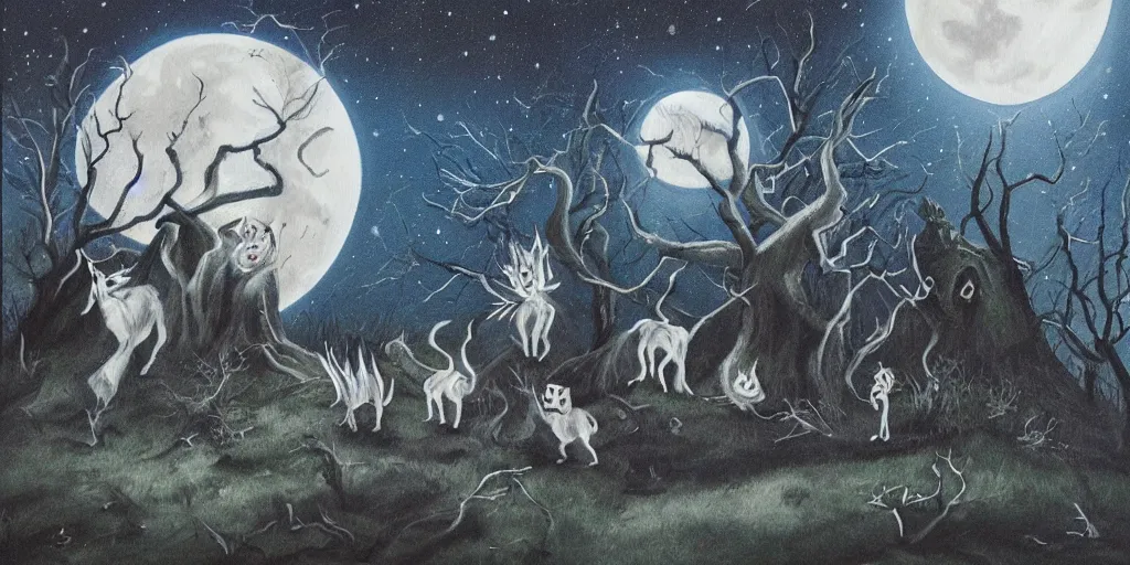 Prompt: painting of ghostly creatures prowling through the full moon night