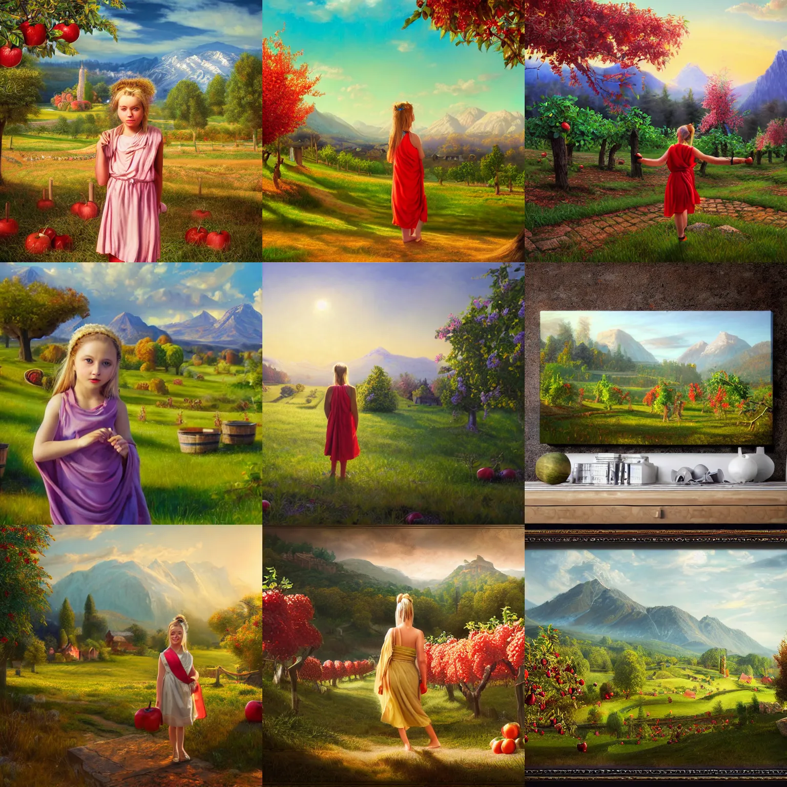 Prompt: a closeup photorealistic photograph of girl weared roman toga painting canvas showing fantasy apple orchard. film still. brightly lit scene. mountains and trees. this 4 k hd image is trending on artstation, featured on behance, well - rendered, extra crisp, features intricate detail, epic composition and the style of unreal engine.