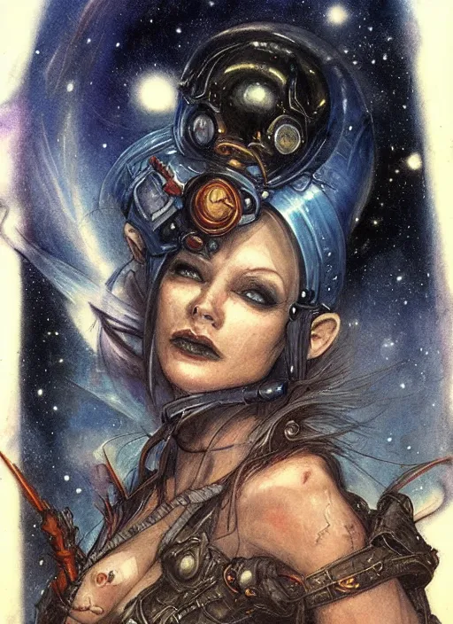 Prompt: portrait of female space pirate, night sky background, beautiful! coherent! by brom, by brian froud, deep color, strong line, high contrast