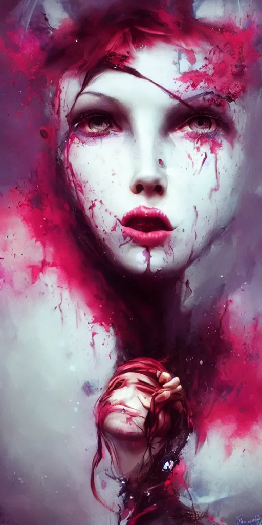 Image similar to shot of sinister girl with pouty aerochrome ( ( ( ( ( lips ) ) ) ) ), fungal, adorable, expressive eyes, playful pose of a dancer, greg rutkowski, charlie bowater, yuumei, stephen gammell, unreal 5, daz, hyperrealistic, octane render, dark, dynamic lighting, fantasy art, beautiful face