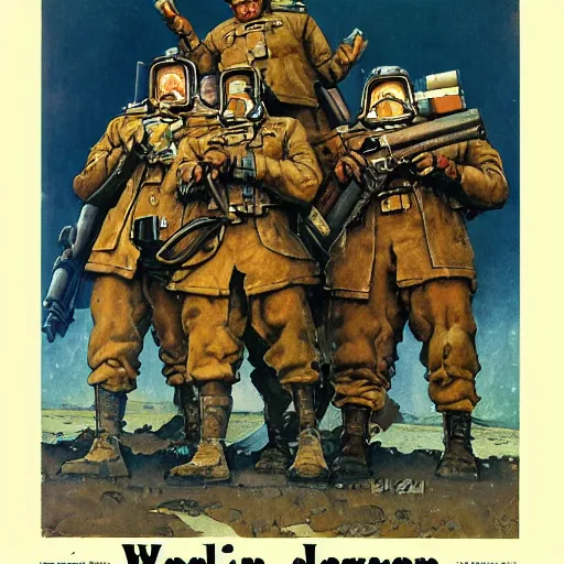 Image similar to Soviet mechs in the style of Norman Rockwell, world war 2, WWII, propaganda poster, sci-fi illustrations, highly detailed, award-winning, patriotic, soviet, ussr, dark, gritty, ink