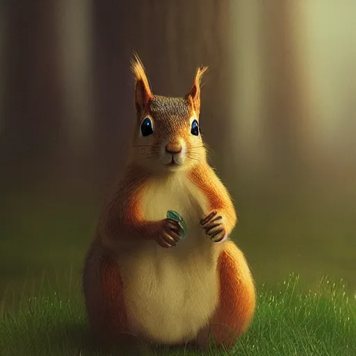 Prompt: an extremely handsome squirrel holding his puffy tail, painted by Mike Winkelmann