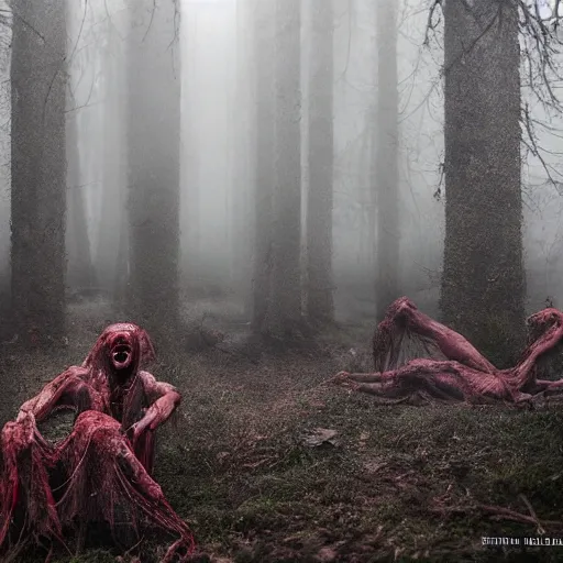 Image similar to elder demons from the abyss in a misty forest, red webs and fungus, red by emil melmoth, by rozalski, cinematic,