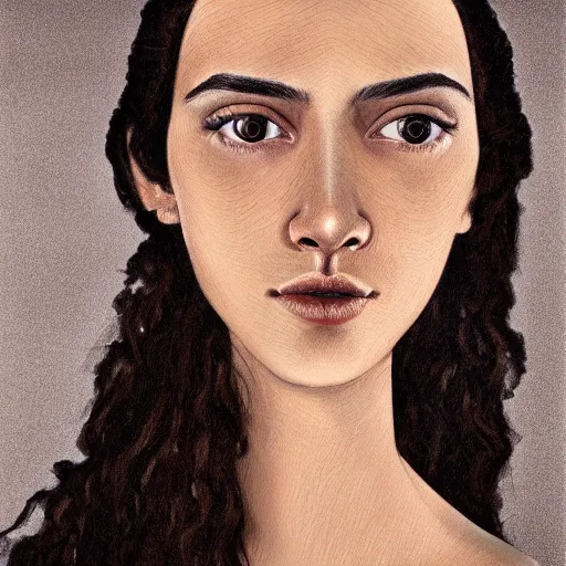 Prompt: portrait of a young lady with curly black hair and brown eyes and round face with thin lips, hyperrealistic, ultra detailed, brown eyes