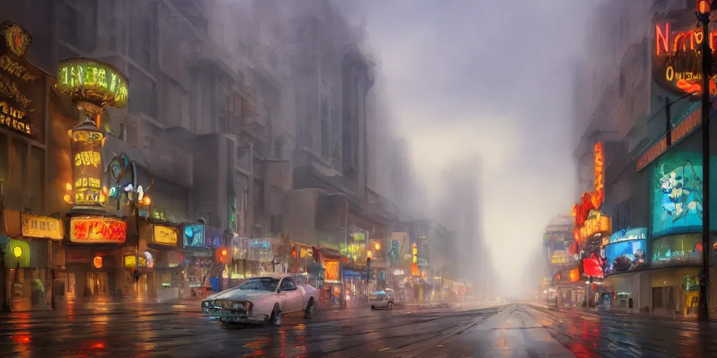 Image similar to street at las vegas, foggy rainy day, matte painting, studio ghibli, artstation