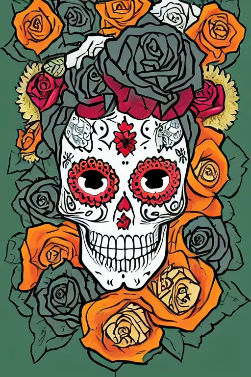 Image similar to illustration of a sugar skull day of the dead girl, art by mike mignola