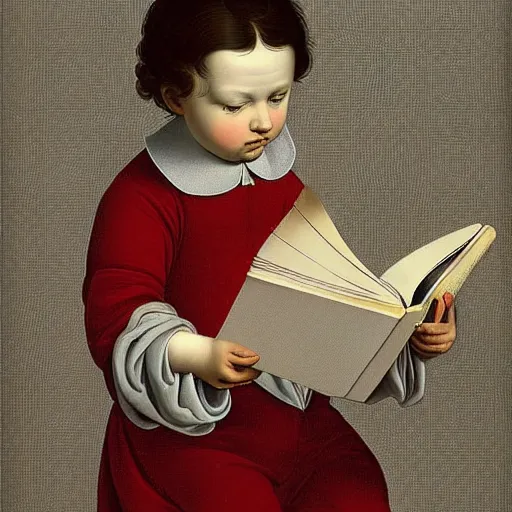 Prompt: hyperrealistic hyperdetailed elaborate minimalist half-lenght portrait of child, reading an interesting illustrated book. in the style of Michelangelo, Canaletto, Caravaggio and Andy Warhol. amazing textures. HD 8x no frame