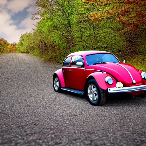 Prompt: promotional scifi - blockbuster movie scene of an insect - ladybug'glossy volkswagen beetle'hybrid, flying down a dusty backroad in smokey mountains tennessee. the hybrid is 2 / 3 ladybug. cinematic, muted dramtic color, 4 k, imax, 7 0 mm, hdr