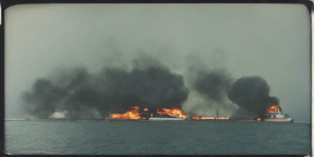 Image similar to polaroid photo of a sinking and burning ship, big smoke clouds coming from the ship, bright blue sky, slight color bleed