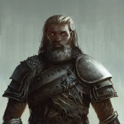 Prompt: rough-skinned, short-bearded undead Viking warrior with ice-pale skin wearing brutalist plate armor with art deco knotwork, by Greg Rutkowski and Brom