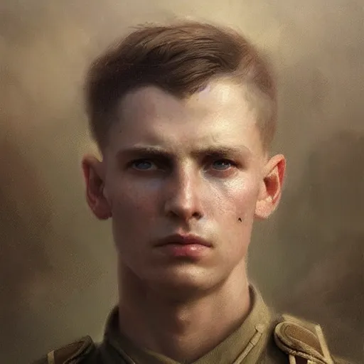 Image similar to a dramatic epic ethereal portrait of a WWI soldier, young male, detailed face, cinematic lighting, highly detailed oil on canvas painting by Greg Rutkowski, winning-award digital art trending on Artstation H 1024 W 832