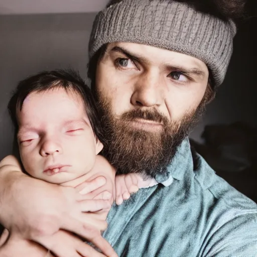 Prompt: a man holding his new born baby who has existential crisis