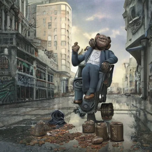Image similar to a chimpanzee picking up pennies in a city street with a steam roller headed towards him, depth of field, fashion photoshoot by nicoletta ceccoli, mark ryden, lostfish, dan decarlo, bob clampett, max fleischer, breathtaking, detailed and intricate environment, 8 k resolution, hyperrealistic, octane render