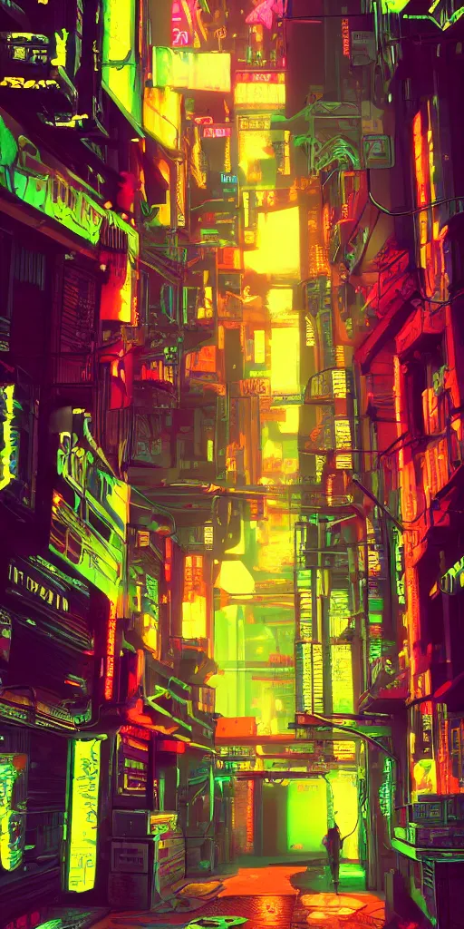 Prompt: cyberpunk alley, pop art, rtx, 8 k, ray tracing, highly detailed, neon, single person