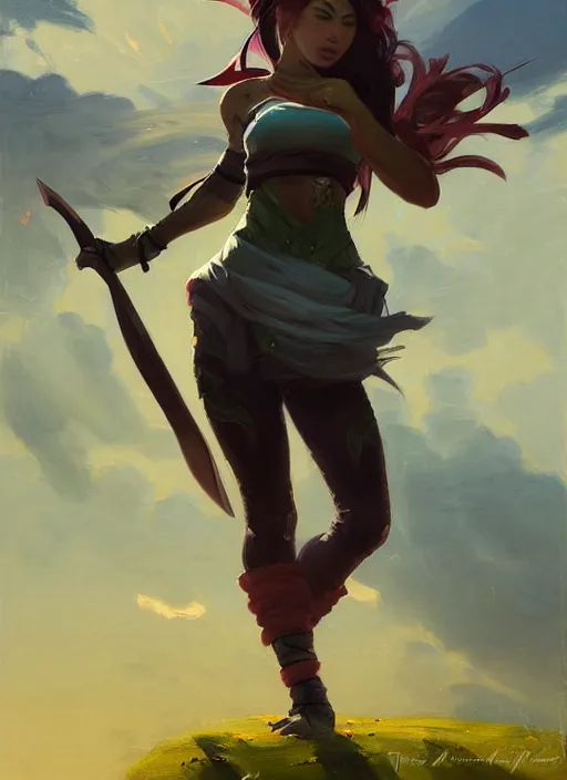 Prompt: portrait of Akali from League of Legends after work, countryside, calm, fantasy character portrait, dynamic pose, above view, view from above, sunny day, thunder clouds in the sky, artwork by Jeremy Lipkin and Giuseppe Dangelico Pino and Michael Garmash and Rob Rey, very coherent symmetrical artwork, sharp edges, perfect face, simple form, 100mm