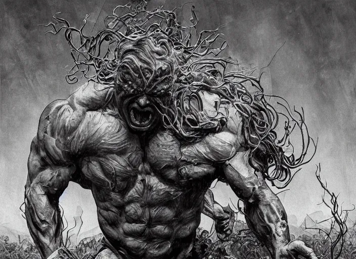 Image similar to renaissance grotesque full body portrait painting of angry bodybuilder swamp thing walking to the camera, camera puller back far, in a plane crash wasteland, landfill, elegant artwork by lee bermejo and greg rutkowski and alphonse mucha