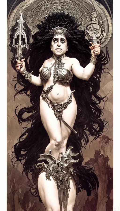 Image similar to danny devito as the roman goddess of chaos!! intricate elegant, highly detailed, digital painting, artstation, concept art, smooth, sharp focus, illustration, art by ( ( ( artgerm ) ) ) and greg rutkowski! and ( ( alphonse mucha ) ), heavily influenced by frank frazetta and boris vallejo, sword and sorcery