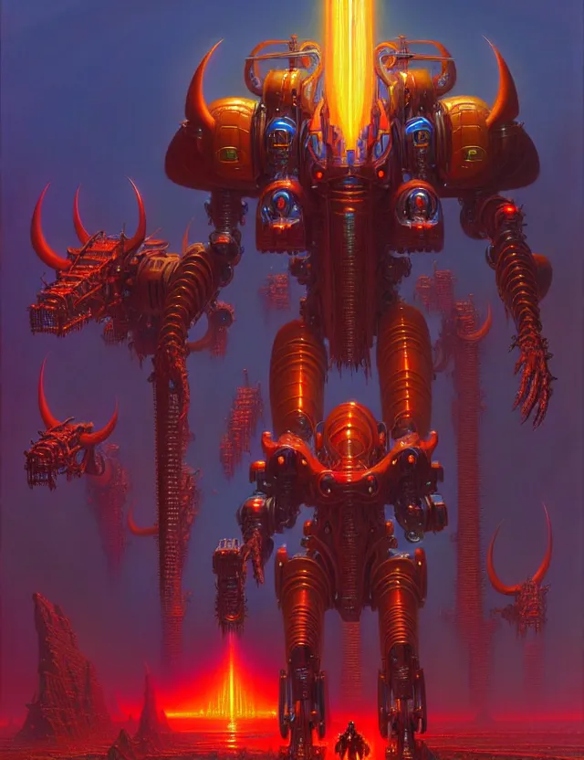 Prompt: a diablo mecha, tim hildebrandt, wayne barlowe, bruce pennington, donato giancola, trending on artstation, cinematic composition, beautiful lighting, hyper detailed, 8 k, oil on canvas