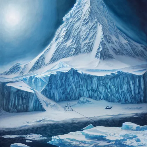 Image similar to epitome mysteries of Antarctica glacial cult mountain god, realistic fantasy, oil painting, extremely high detail, photorealistic, cinematic lighting, oil painting, intricate line drawings, 4k resolution