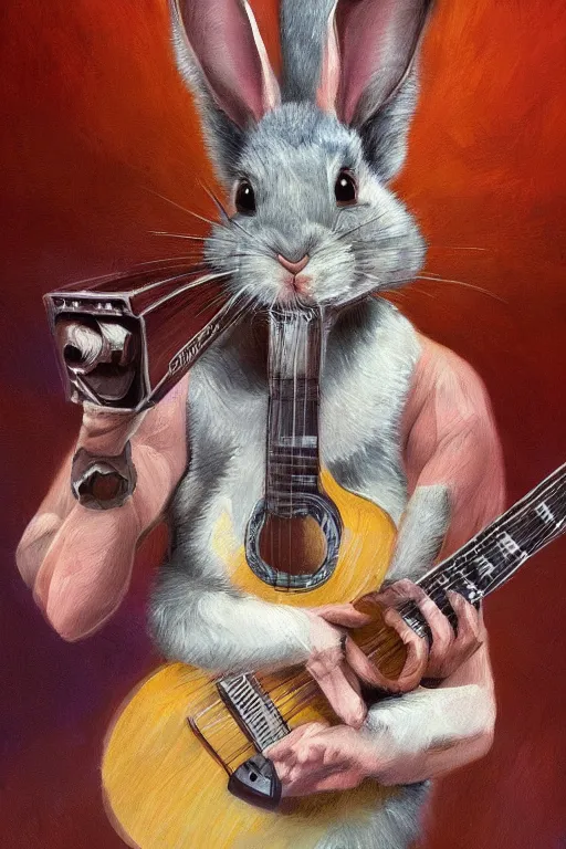 Image similar to A hyperdetailed digital oil painting of A rabbit is playing the guitar,cartoon, Trending on ArtStation and DeviantArt