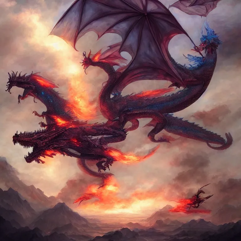 Image similar to huge dragon, fire, floating city on clouds, by wayne barlowe, peter mohrbacher, kelly mckernan, epic scene, 4 k, fantasy, colorful, environment, highly detailed