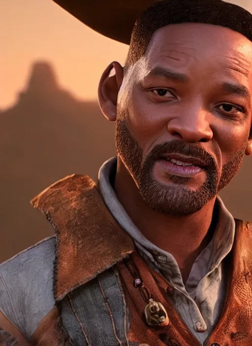 Image similar to an film still of will smith as cowboy with beard, western background, unreal engine. amazing likeness. very detailed.