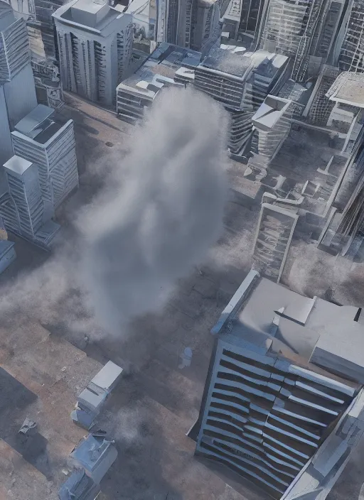 Image similar to Giant concrete building hovering above a city, dragging cables, dust debris and smoke all around | hyperrealistic | highly detailed Dystopic | Cinema 4D