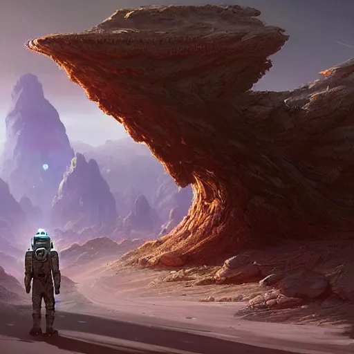 Image similar to A space warrior traveler walking on an alien planet with aliens plants, looking at an alien breathtaking landscape, masterpiece, cinematic lighting, concept art, artstation, matte painting by Greg Rutkowski,