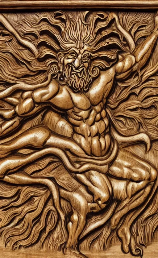 Image similar to an extremely detailed wood relief carving depicting a monstrous image of the god apollo transforming into a stylized sun, medieval, renaissance, manuscript, woodcut, in the style of albrecht durer, alchemical symbols