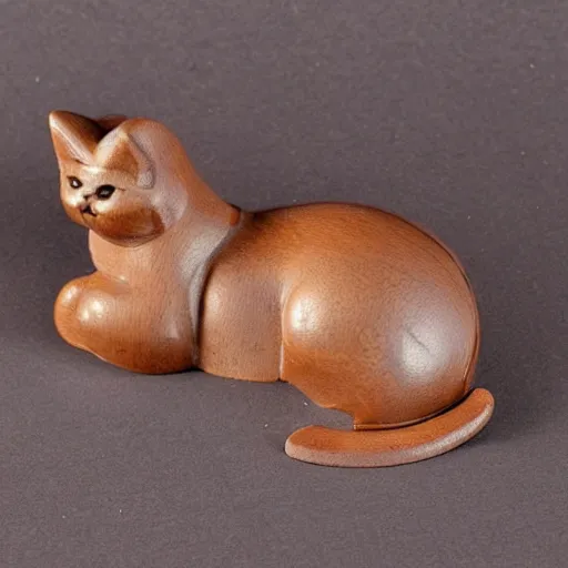 Prompt: elegant seductive anthropomorphic cat figurine wearing a kimono, hand carved brown resin, submissive, toggles, very highly detailed, intricate, monotone, shy looking down