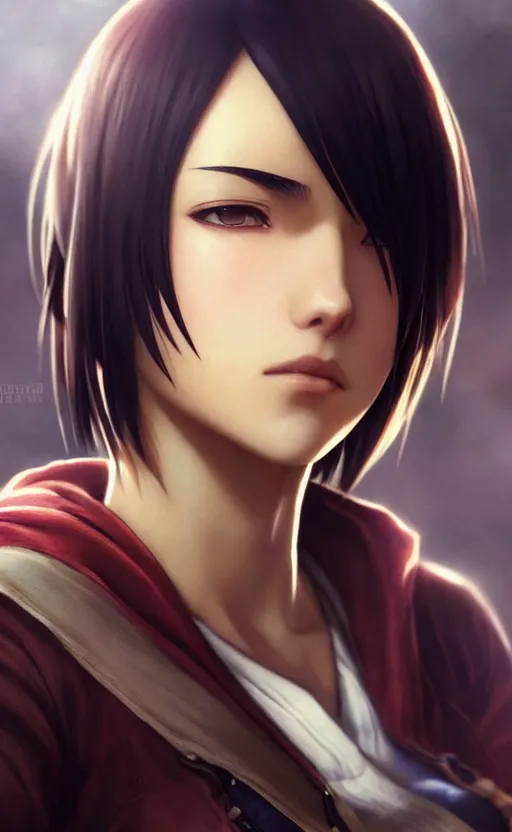 Image similar to mikasa ackerman, hero pose, medium shot, bokeh, beautiful face!!!!, 2 7 years old, cg animation, lifelike, animated, realistic, character select portrait, by artgerm, greg rutkowski, alphonse mucha, 3 d