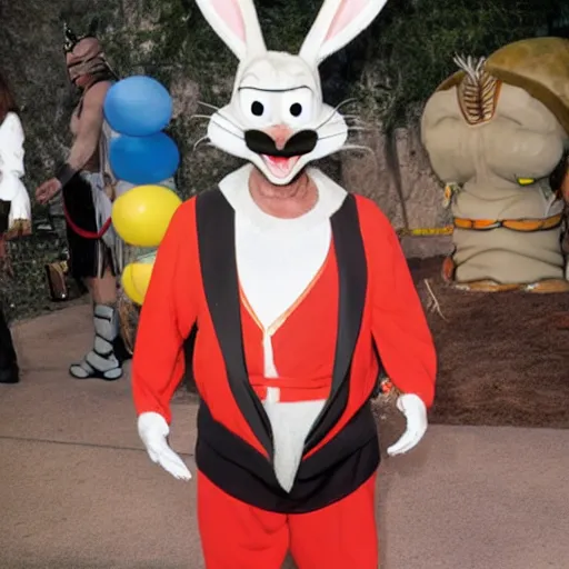 Prompt: Danny Trejo as Bugs Bunny, set photo in costume, cosplay, photograph