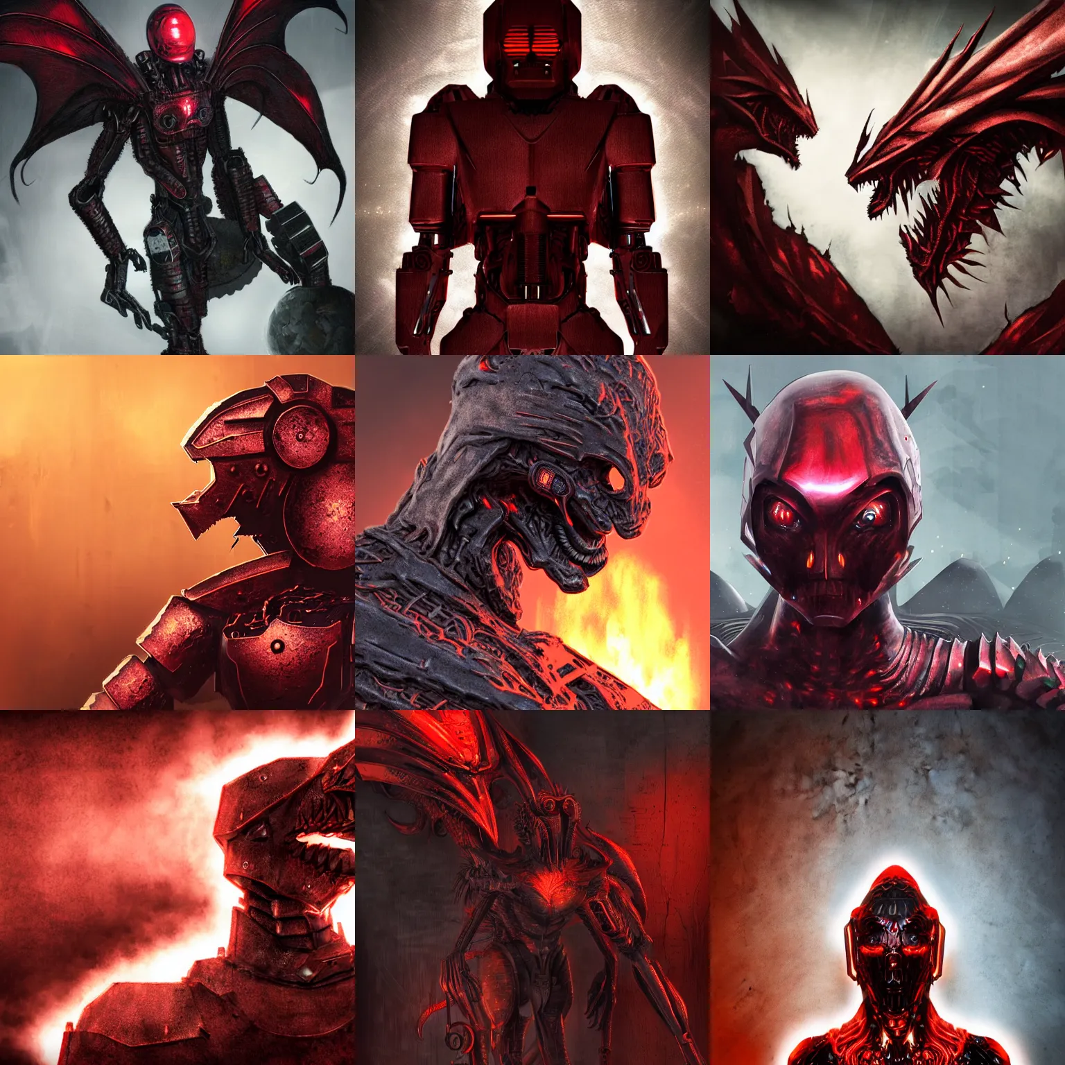 Prompt: ominous cybernetic humanoid figure with a body of dark red matte thick metal scratched block plates as scales, dragon head, epic fantasy artwork, evil, gritty, matte, burning scene in the background