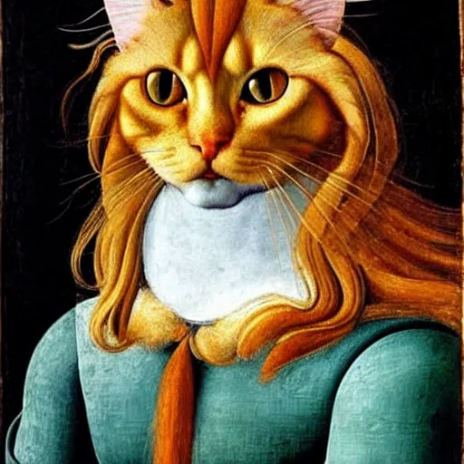 Image similar to beautiful renaissance painting portrait of ginger maine coon by sandro botticelli, jan van eyck, tiziano vecelli, piero della francesca