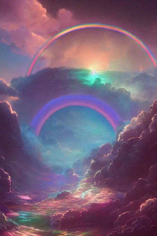 Prompt: a beautiful matte painting of a tunnel perspective iridescent dichroic glass vaporwave water reflection rainbow shards+cloud+space+orbs night with stars containing outside of galactic dimension vortex, volumetric lighting reflecting of clouds of dust , by Christophe Vacher and Bastien Lecouffe-Deharme, trending on artstation, polarizer filter, narrative realism, deep color scheme,wide angle,highly detailed,v-ray render,photorealistic,4k hd wallpaper, psychedelic dichroic lighting