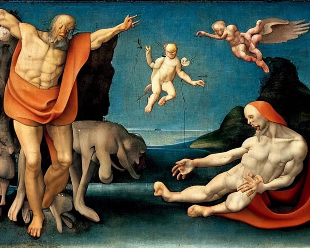 Image similar to The Creation Of Adam by Michelangelo painting by Hieronymus Bosch