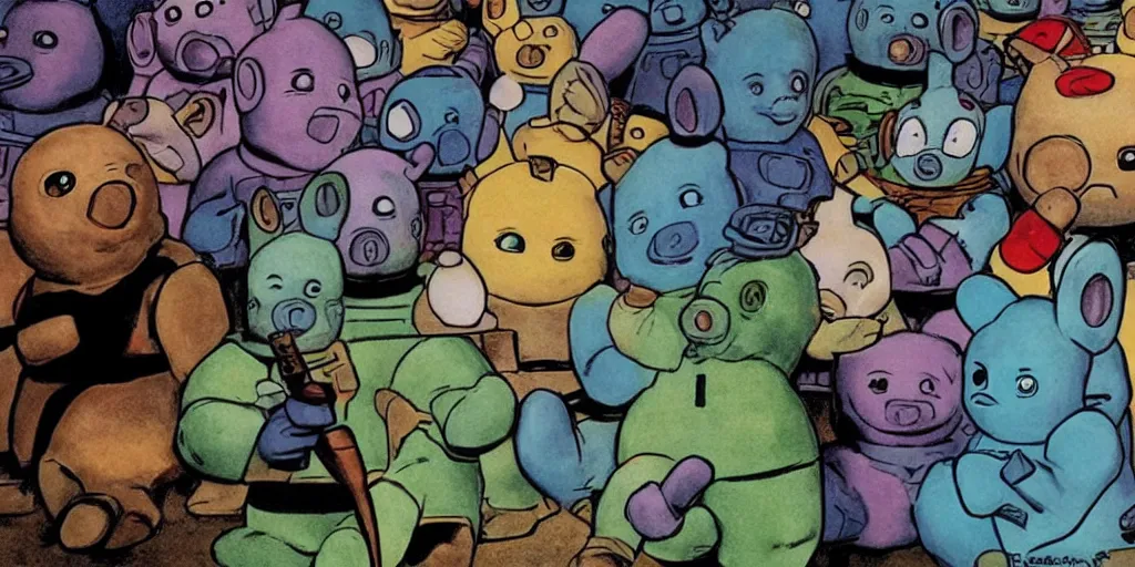 Prompt: a mandalorian playing with teletubbies by richard corben