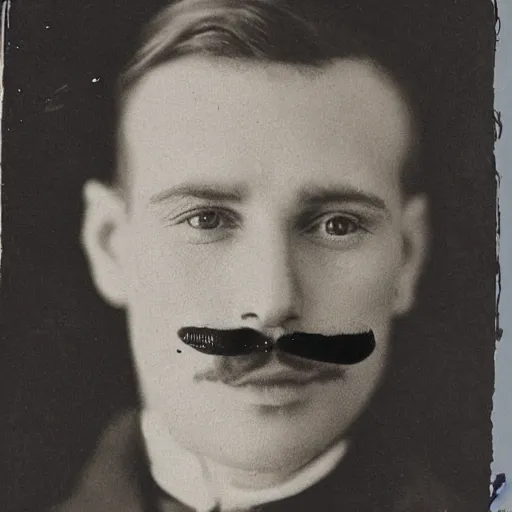 Prompt: A photograph portrait of Jerma985 with short hair and a 1910s mustache in the early 1910s, taken in the early 1910s, grainy, taken on a early 1900s Kodak Camera, realistic, hyperrealistic, very realistic, highly detailed, very detailed, extremely detailed, detailed, digital art, trending on artstation