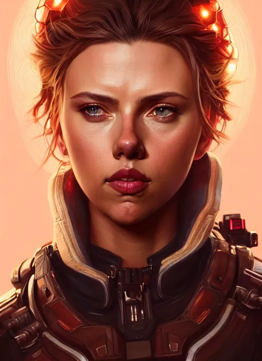 Image similar to portrait of apex legends scarlett johansson, intricate, elegant, glowing lights, highly detailed, digital painting, artstation, glamor pose, concept art, smooth, sharp focus, illustration, art by artgerm and greg rutkowski, artey freytag