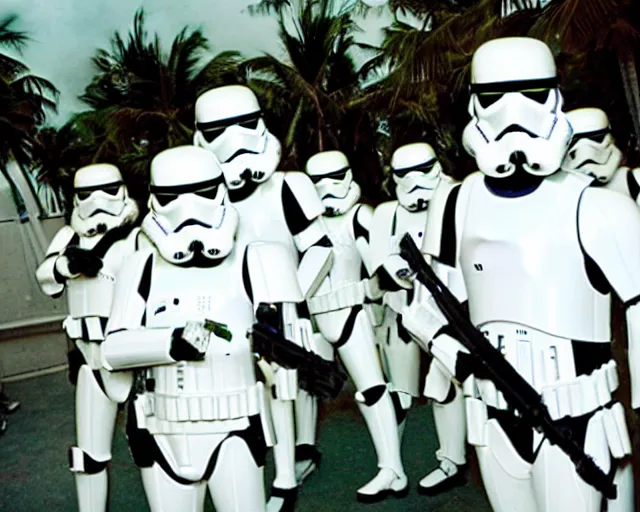 Prompt: stormtroopers partying hardy on spring break, miami beach, 2007, disposable camera photo, cdx