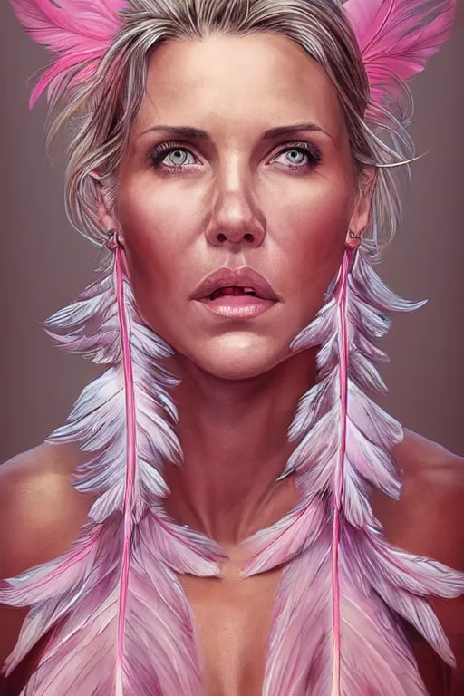 Image similar to muscled Cameron Diaz as a ruggedly handsome hero wearing pink feathers, intricate, elegant, tasteful, highly detailed, centered, digital painting, artstation, concept art, smooth, sharp focus, illustration, art by artgerm and donato giancola and Joseph Christian Leyendecker, WLOP