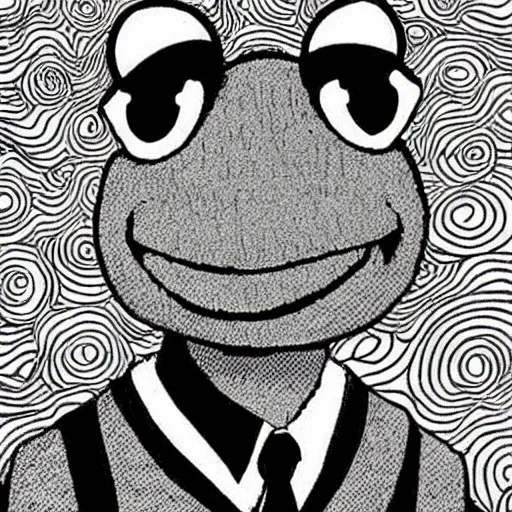 Prompt: Kermit the Frog in a manga by Junji Ito, illustration, creepy, frightening